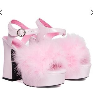 Pink “Blushin’ and Crushin’” Marabou Dolls Kill Sugar Thrillz Platform Heels
